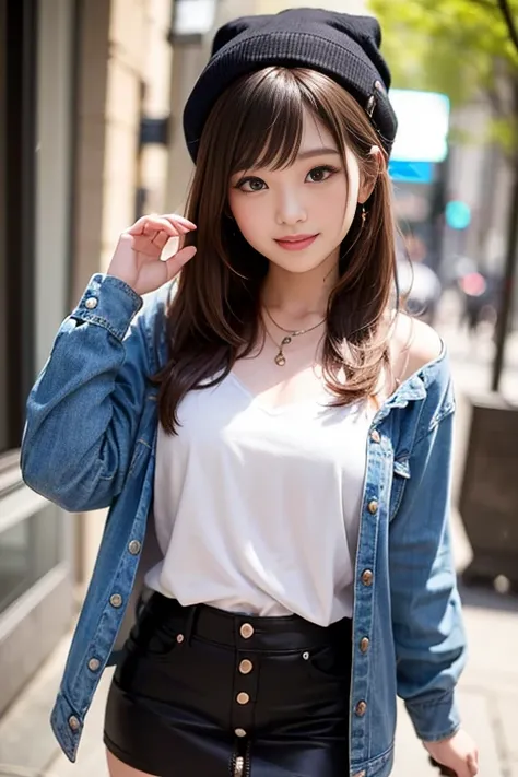 The cutest girl who works as a gravure idol、with shiny brown hair、MA-1 blouson and knit hat、She is captivating with her cute denim miniskirt and black pantyhose.。She smiled confidently.、Facing the camera in a professional pose。her fashion and expressions、A...