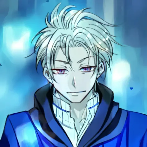 a close up of a person with a blue jacket and a white shirt, tall anime guy with blue eyes, hajime yatate, anime handsome man, male anime character, he has dark grey hairs, a silver haired mad, nagito komaeda, masamune shiro, koyoharu gotouge, handsome guy...