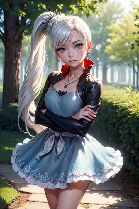 (masterpiece, best quality:1.2), cowboy shot, solo, 1girl, expressionless, closed mouth, looking at viewer, crossed arms, white hair, side ponytail, blue dress, white boots, scar on left eye,
 jewelry, necklace, earrings, forest, summer afternoon