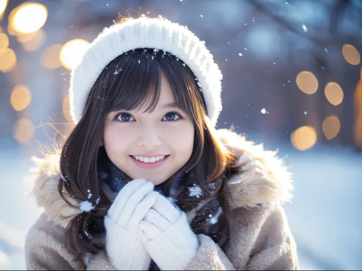 (Best Quality,4K,hight resolution,masutepiece:1.2),Ultra-detailed,Realistic,(nffsw,nffsw),girl,beige fluffy coat,beige wool gloves,Navy blue mini pleated skirt,Snow,Smiling,eyecontact,Portraits,Vivid colors,Winter scene,Soft lighting,Delicate snowflakes,Ch...