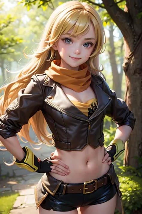 (masterpiece,
 best quality), yang_xiao_long, caucasian,
fingerless gloves, midriff, shorts, jacket, scarf, belt
cute round face, smile, hands on hips, forest, summer afternoon