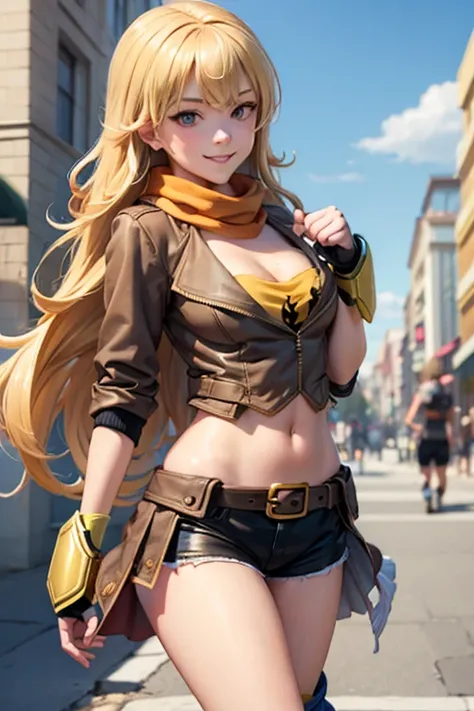 (masterpiece,
 best quality), yang_xiao_long, caucasian,
fingerless gloves, midriff, large breasts, shorts, jacket, scarf, belt
cute round face, smile, busy street, summer afternoon