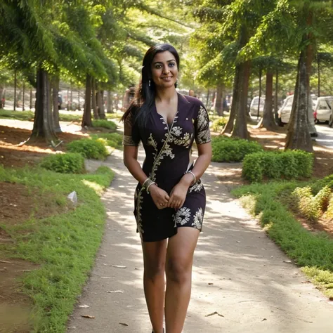 pretty indian woman short dress walking in the park