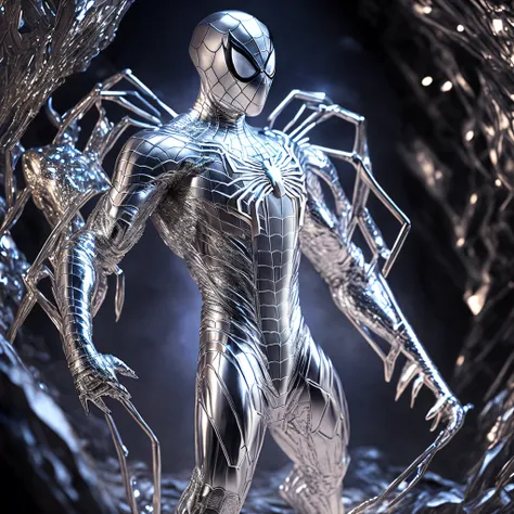 Full body (1 silver Spiderman suit made of chrome metal from Marvel in chrome metal style: 1.3) emerging from the underground crystal cave, well detailed, sparks, flying debris, volumetric light