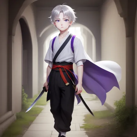 white skin, ultra beautiful face, following a katana, sword, ambient light, pessonage, full body, anime, boy with short hair, silver white, purple eyes, beautiful eyes, shy, Maximum quality.