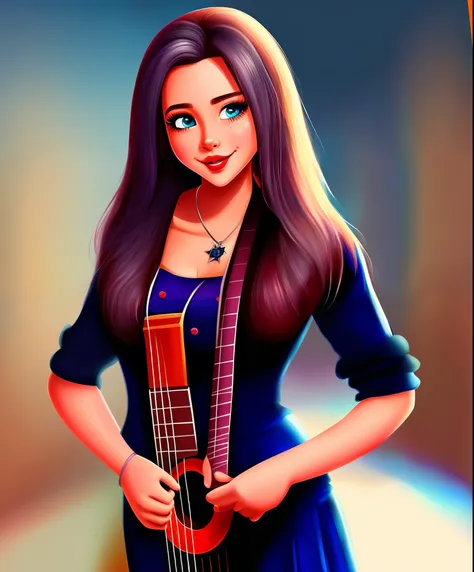 create a disney pixar style image of a girl with dark hair and brown eyes wearing black clothes, quadriculadas, a guitar with the title Princess of Rock