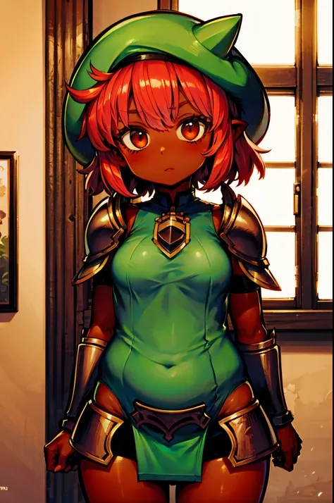 loli, plum, chubby, dark skin, tan, exposing armor, cowboyshot, green gnome hat, short, red hair, indoors