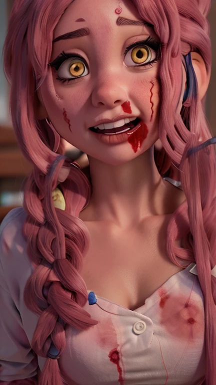 un primer plano de una mujer con cabello rosado y maquillaje, brutal sangrienta maquillaje, brutal maquillaje sangriento y guarro, Zombi inquietantemente hermoso, cara ensangrentada, pale woman covered with blood, Hermoso zombi, cubierto de carne rosada, m...