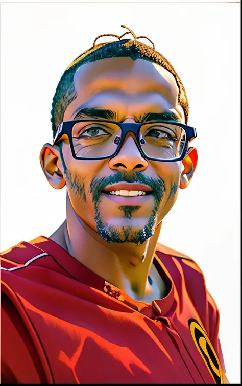 Realistic image, preservando o rosto original. A confident young man, restolho, pele clara, pele branca, rosto oval, Wearing Grey Glasses, 20 anos de idade, nariz pequeno, testa alta, sorriso discreto. In a rede t-shirt. Preservar a face da foto original. ...