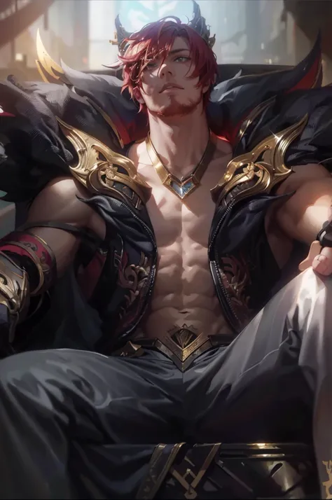 league of legend，Seti，Red-haired Arafad male sitting on throne, author：Hero, Very detailed artistic germ, Most models | Art germ, Handsome guy in the art of slaying demons, Murata and Art Germ Series, Art germ. high detal, WLOP and Sakimichan, art germ on ...