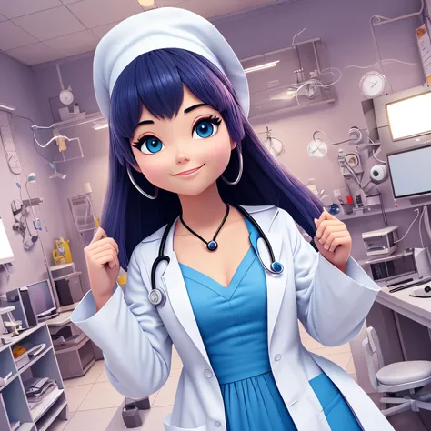 create a 3d disney pixar character Fuko style, in a medical room, wearing an elegant blue dress and wearing a white coat --auto --s2