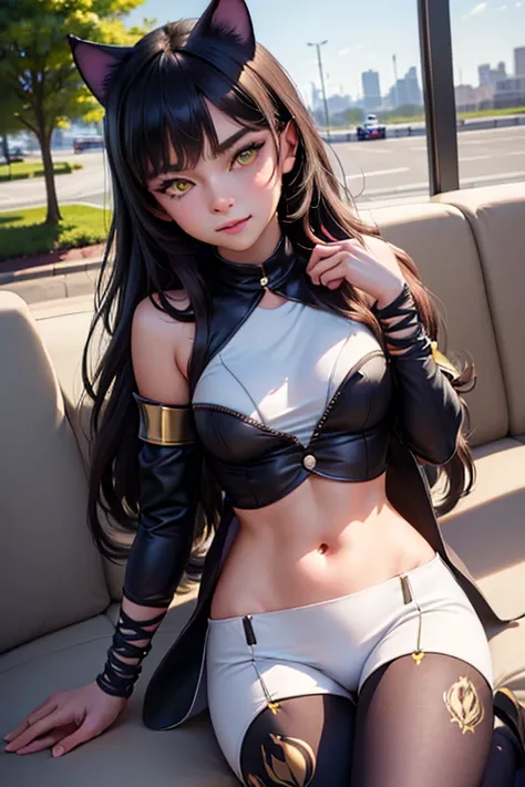 ((best
 quality)), ((highly detailed)), masterpiece, absurdres, extremely 
detailed face, beautiful face, caucasian, (detailed eyes, deep eyes), (1girl), blake_belladonna, yellow 
eyes, cat ears, smiling, crop top, midriff, pantyhose, 
boots, shorts, thigh...