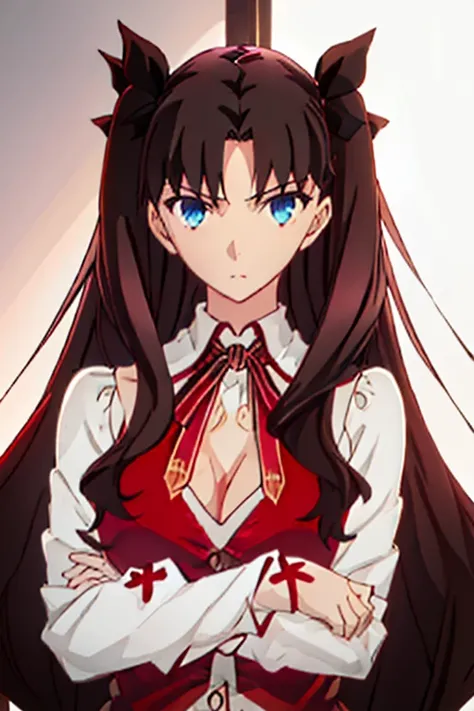 Best Quality, masutepiece, hight resolution, Solo, {Tohsaka_Rin_FatestayNightuFotable:1.15}, long_hair, Black_hair, bow ribbon,(cleavage of the breast),Breasts are big, Side_  hair_bow ribbon, Blue_Eyes, brown_hair