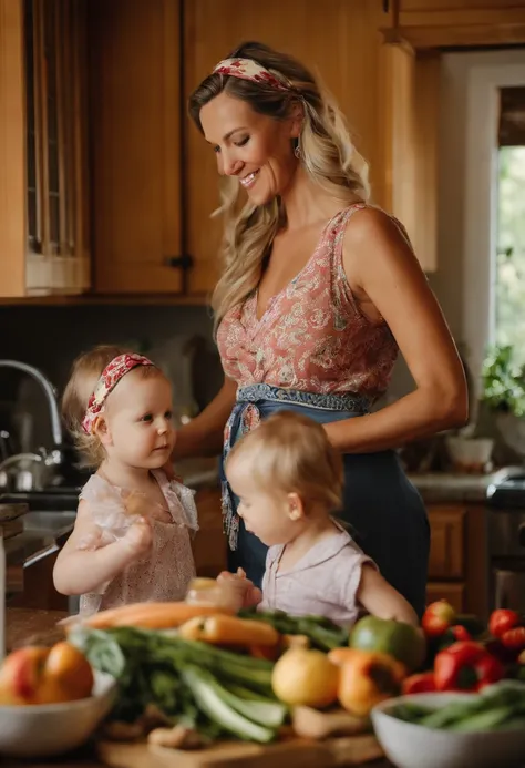 An image of Charlie preparing a nutritious and delicious family dinner with her two little ones helping out in the kitchen,original,Charlie is pregnant, tall and blonde and skinny frame even though she is very pregnant. About eight months pregnant. She is ...