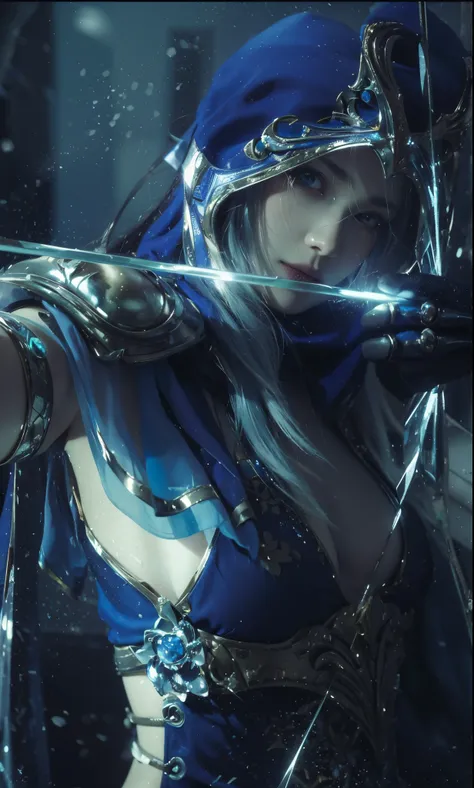 Ice，A girl dressed in blue holds a bow and arrow，The temperament of League of Legends，League of legends art concept，league of legend，temperament，Ash，