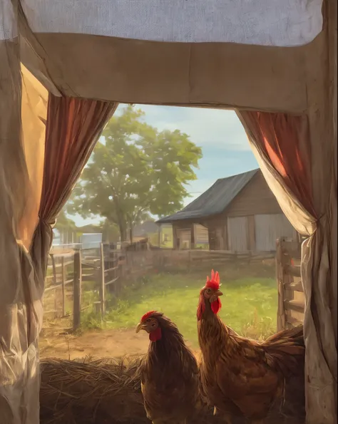 Chicken behind red curtain in farm , banner , sun lights on the chicken