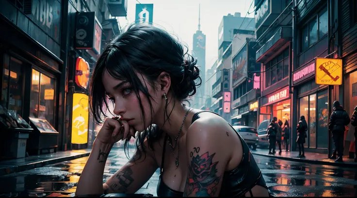 garota sozinha de cabelo prata e curto chorando,fumando um cigarro encostada no predio,sad expression,bochecha corada, roupa de luxo, hair messy, tatuagem cyberpunk, sombras fortes, noite,chuva forte,rua molhada,puddle of water in the street,reflexo de neo...