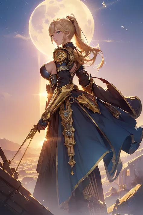 A beautiful woman, ((((realistic oil art, 46-year-old Empress, vibrant look, ((gold mecha, steampunk mecha, steampunk cloth)), top of the mountain, 1girl, masterpiece, extremely detailed, (beautiful detailed glow), lens flare, sunrise, clouds, backlighting...