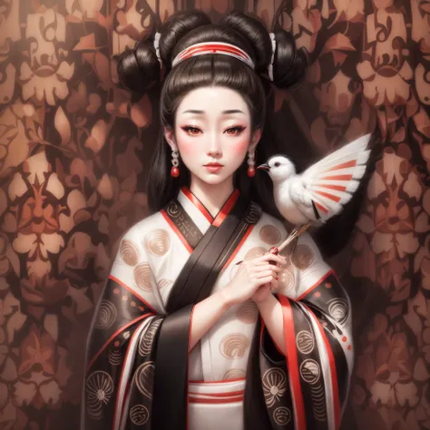 a beautiful Japanese geisha, full lips, silky skin, black hair, with a bun in her hair, wearing earrings, wearing a stylized white kimono, and with a bird under her hands, hyperreliastic art of the geisha, photorealistic digital art of the geisha, details ...