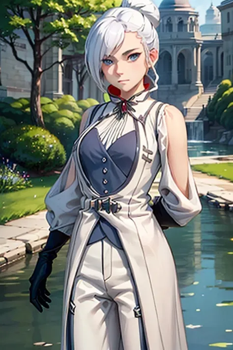 (masterpiece, best quality:1.2), cowboy shot, solo, 1girl, rwbywinter, expressionless, closed mouth, looking at viewer, arms behind back, white hair, hair over one eye, single hair bun, coat, coattails, pants, gloves, standing near stream, summer afternoon