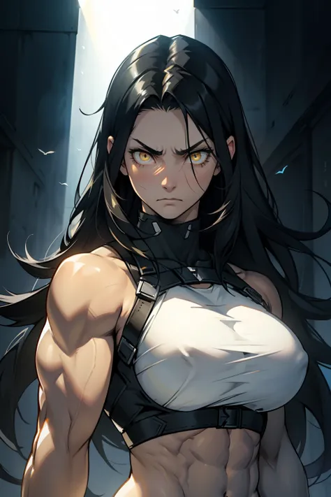 (((1girl muscular))) ((toned body)) black hair yellow eyes pale skin straight hair frown sad god rays backlighting dark atmosphere huge tits