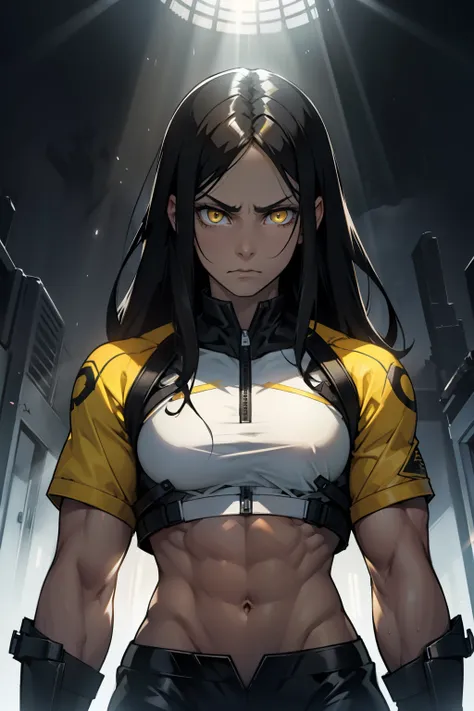 (((1girl muscular))) ((toned body)) black hair yellow eyes pale skin straight hair frown sad god rays backlighting dark atmosphere