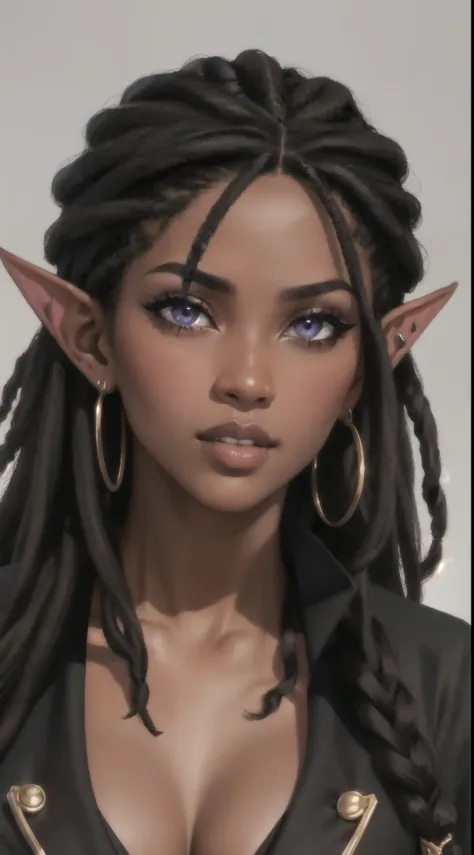 (Concept Art) of an (African-American) female, with dark (black dreadlocks), purple eyes, dark (brown skin), (pointed ears), (slutty assassin), sexy black robe, (lust) demon, (close-up shot), perfect composition, hyper-detailed, 8K, high quality, (perfect ...