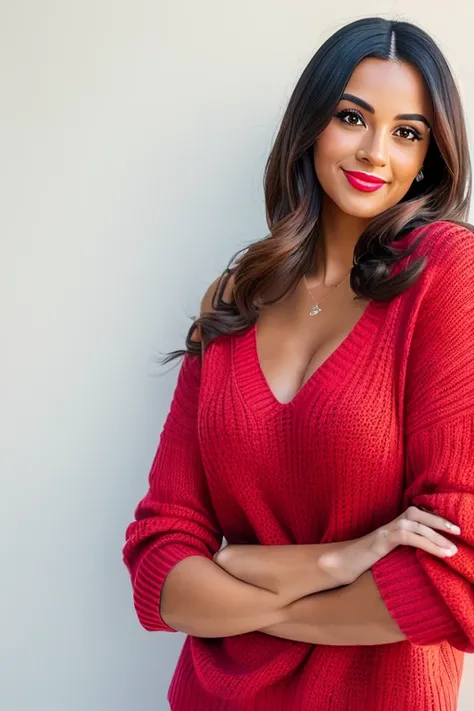 (High-resolution realistic image, photo of a beautiful sexy 27-year-old Puerto Rican woman with her arms crossed looking at the camera. She wears flashy red lipstick,  and shows two slight dimples, wears a dark gray sweater that goes up to her neck, has be...