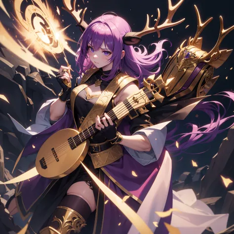 (Best quality), (masterpiece), (ultra detailed), ((1female)), solo, Satyr, ((deer antlers)), beautiful, medium breast, black fur, dark theme, pink hair, ((chestwear:(vest:purple))), (handwear:(fingerless_gloves))), bard, bold expression, fierce, determined...