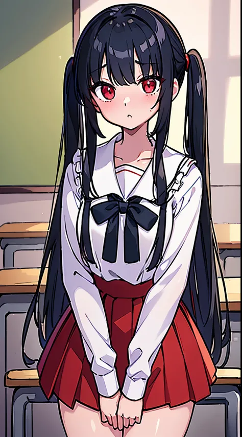 (8K、Top image quality、top-quality、​masterpiece)、1 girl、Black hair、Twin-tailed、Red eyes、red blush、Smaller chest、white  shirt、(student clothes)、Mini pleated skirt in dark blue、arms behind back、Classroom Background、