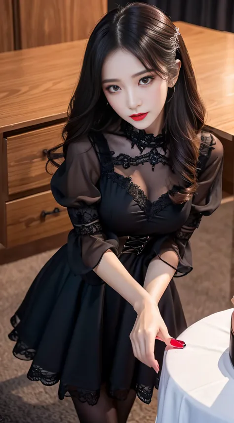 Ultra-detailed、Fascinating beauty、Dainty woman、Cool Girl、Wavy Hair、Black chiffon dress、Wide sleeves、flered skirt、Evil Female Executive、Evil Fall、brainwash、pantyhose、lacy fabric、Glossy legs、lipsticks、Evil look、Suspicious look、Hollow eyes、wicked、Reaching out...