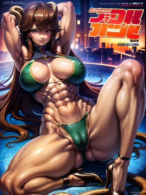 Sexy&#39;s’s body was entangled by a python，Exquisite figure bust，Cross bikini，(bronze skin:1.3)，(((oilly skin)))，sweat profusely，incredibly sexy，muscular calves，Toned abs，Pointed-toe heels，Sensory stimulation，Strike sexy poses