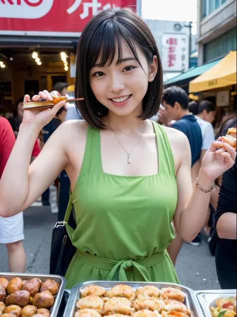 (8k, highest quality, ultra detailed:1.37), (eriko), 18yo, (an adventurous japanese food lover), explores the bustling streets o...