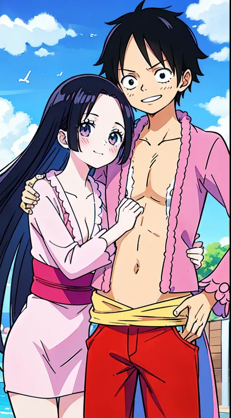 masterpiece, anime, kawaii, cute, romantic, best quality, couple, different fashion, different color, casual clothes, long sleeves, smile, happy, love, swirling wind, blue sky, man monkey D Luffy, woman Boa Hancock, onepiece, monkey d Luffy, boa Hancock, 1...