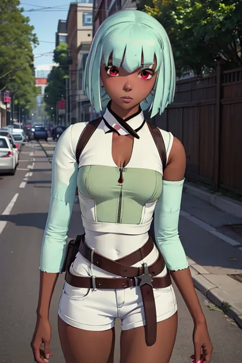 (masterpiece:1.2, best quality), emerald sustrai, 1girl, dark-skinned female, green hair, bob cut, classic outfit, red eyes, halterneck, solo, detailed face, ultra detailed eyes, looking at viewer, (cowboy shot), busy street, summer afternoon