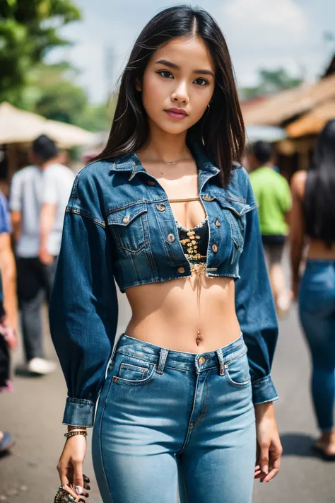 (8k, highest quality, ultra detailed:1.37), (Dina), 18yo, (a fashionable Javanese girl), rocks a trendy street style outfit. She wears a stylish crop top with high-waisted jeans, showcasing her slim figure. The high-resolution image captures ultra-detailed...