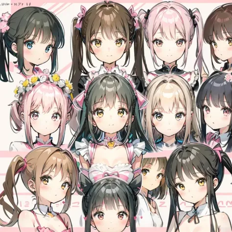 CharacterDesignSheet、List of faces、pink there、amarelo、Brownish、A black、kawaii、Farbe々Hairstyle、smil