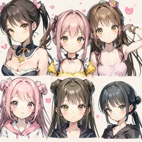 CharacterDesignSheet、List of faces、pink there、amarelo、Brownish、A black、kawaii、Farbe々Hairstyle、smil