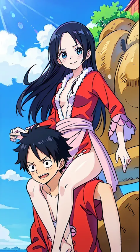 masterpiece, anime, kawaii, cute, romantic, best quality, couple, different fashion, different color, casual clothes, long sleeves, smile, happy, love, swirling wind, blue sky, man monkey D Luffy, woman Boa Hancock, onepiece, monkey d Luffy, boa Hancock, 1...