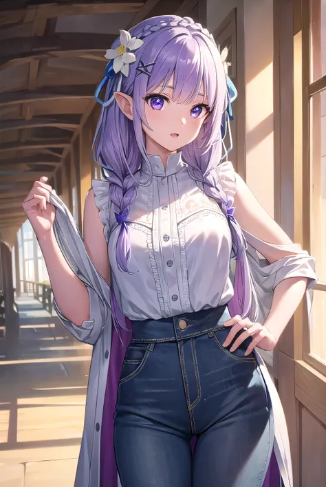 emilia, braid, crown braid, flower, hair flower, hair ornament, hair ribbon, long hair, low-tied long hair, (purple eyes:1.2), pointy ears, white flower, x hair ornament, open mouth,
BREAK White Lacey bra, blue jeans, 
BREAK outdoors, city,
BREAK looking a...