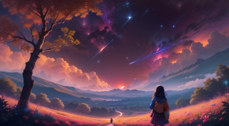 Expansive landscape photograph, (view from below with a view of the sky and the wilderness below), little girl standing in a flower field looking up, (full moon: 1.2), (shooting star: 0.9), (nebula: 1.3), distant mountain, tree break production art, (warm ...