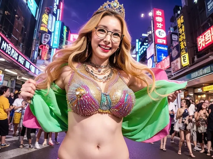 8K、Real Images、detaileds、​masterpiece、tome&#39;Authentic Photos、Top image quality、top-quality、Golden hair、（large boob:1.2）、(Pocchari body type:1.2）、Smiling big、Posing cutely、Wearing a mini bikini、Wearing glasses、Wearing red lipstick、Wearing large earrings、...