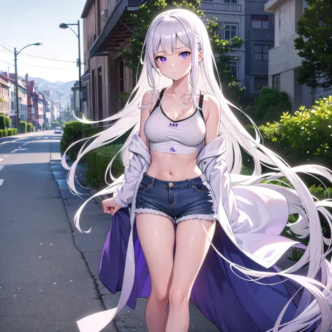 Emilia re:zero, white hair, purple eyes, long hair, sexy, medium breasts, jean shorts, white sports bra, in street