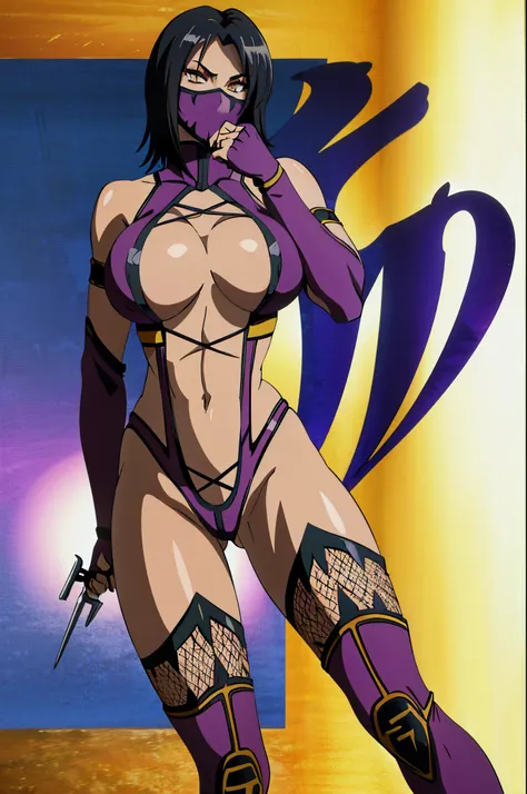 (masterpiece:1.4),(best quality:1.4),(absurdres:1.4),pin-up, masked_mileena_aiwaifu, masked_mileena_aiwaifu,black_hair,gloves,la...