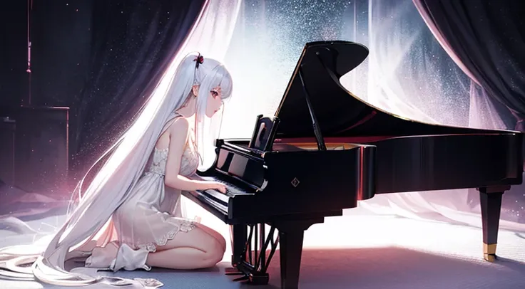 piano. albino girl playing the piano, red eyes, white hair, neon, holographic dress, piano, masterpiece