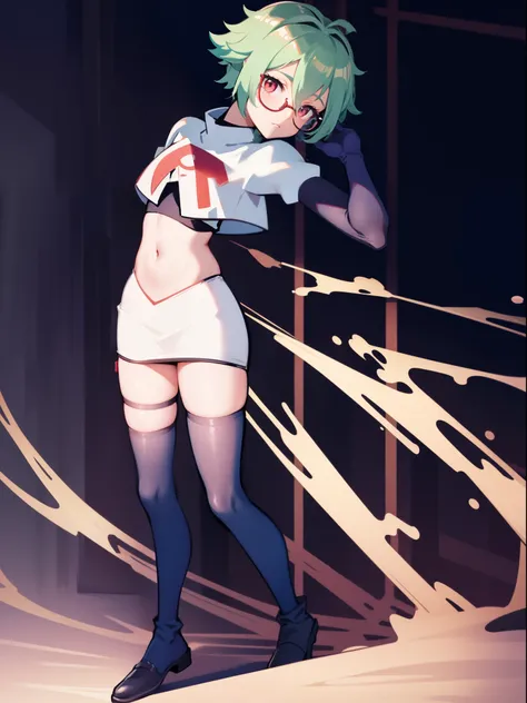 sucrose (genshin impact), glasses,team rocket,team rocket uniform, red letter R, white skirt,white crop top,black thigh-highs,black elbow gloves