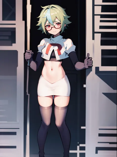 sucrose (genshin impact), glasses,team rocket,team rocket uniform, red letter R, white skirt,white crop top,black thigh-highs,black elbow gloves