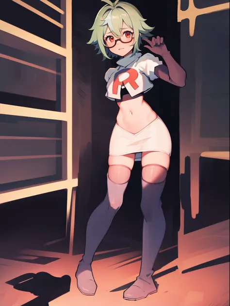 sucrose (genshin impact), glasses,team rocket,team rocket uniform, red letter R, white skirt,white crop top,black thigh-highs,black elbow gloves