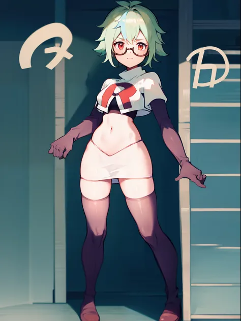 sucrose (genshin impact), glasses,team rocket,team rocket uniform, red letter R, white skirt,white crop top,black thigh-highs,black elbow gloves