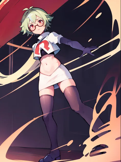 sucrose (genshin impact), glasses,team rocket,team rocket uniform, red letter R, white skirt,white crop top,black thigh-highs,black elbow gloves